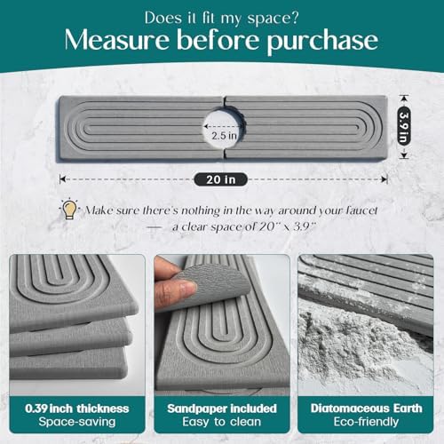 Faucet Mat for Kitchen Sink - Diatomaceous Earth Faucet Splash Guard, Fast Drying Sink Protector - Water Absorbing Stone for Bathroom Sink [Grey, 20'' x 3.9'']