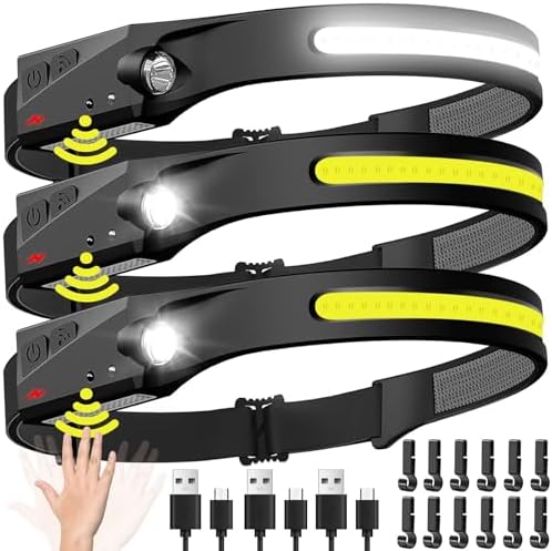 Headlamp Rechargeable 3PCS, 230° Wide Beam Head Lamp LED with Motion Sensor for Adults - Camping Accessories Gear, Waterproof Head Light Flashlight for Hiking, Running, Repairing, Fishing, Cycling