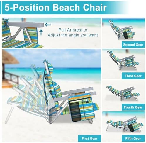 Suteck Beach Chair, Adjustable 5-Position Backpack Beach Chairs for Adults Kids, Foldable Lay Flat Chair with Cooler Bag, Cup Holder and Lumbar Pillow, Reclining Lay Down Chairs for Lawn Outdoor