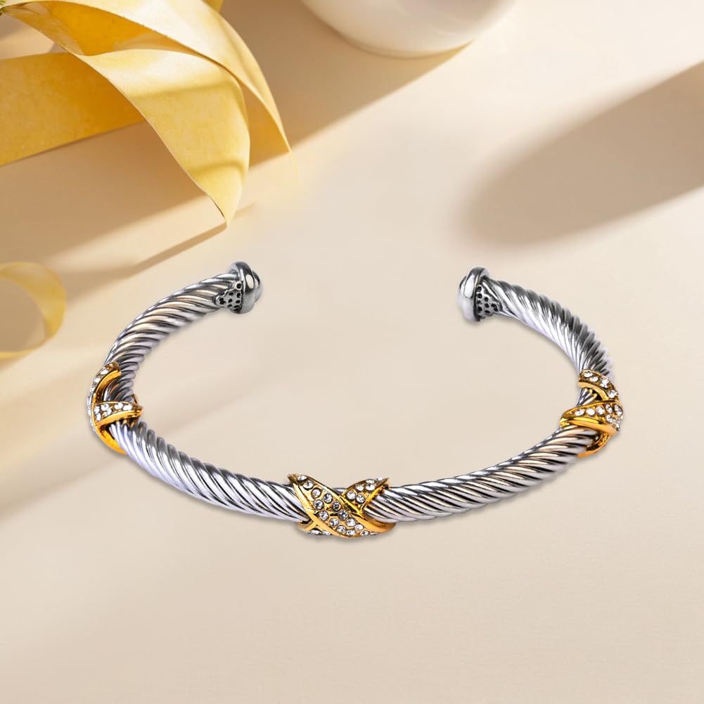 Twisted Cable Bracelets for Women Adjustable 5mm Thin Stainless Steel Cuff Bangle Designer Inspired david+yurman bracelet Christmas Day Gifts (C Silver & Gold)