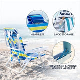CARIBBEAN JOE Folding Beach Chair, 5 Position Portable Backpack Foldable Camping Chair with Headrest and Cup Holder Armrests, Bold Stripe