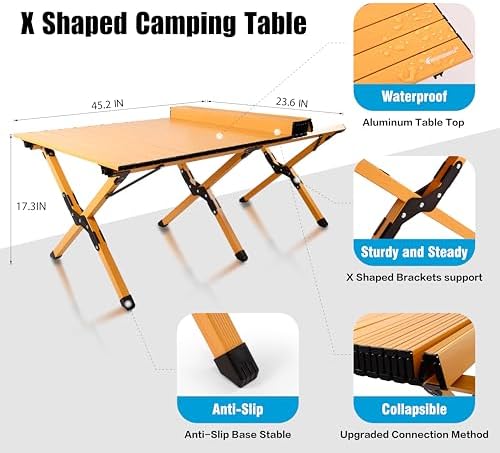 Folding Camping Table, Lightweight Roll-Up Table Aluminum Low Portable Picnic Table with Carrying Bag for Outdoor, Beach, Picnic, Backyards, BBQ and Party, 45.2''L x 23.6''W x 17.3''H