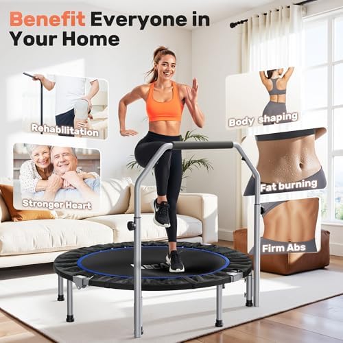 BCAN 40/48" Foldable Mini Trampoline Max Load 330lbs/440lbs, Fitness Rebounder with Adjustable Foam Handle, Exercise Trampoline for Adults Indoor/Garden Workout