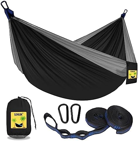 SZHLUX Camping Hammock Double & Single Portable Hammocks with 2 Tree Straps and Attached Carry Bag,Great for Outdoor,Indoor,Beach,Camping,Black & Grey, Large