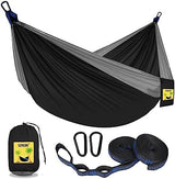 SZHLUX Camping Hammock Double & Single Portable Hammocks with 2 Tree Straps and Attached Carry Bag,Great for Outdoor,Indoor,Beach,Camping,Black & Grey, Large