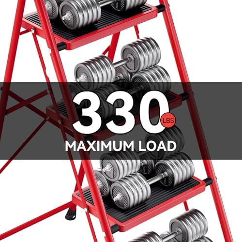 KINGRACK Step Ladder, Folding Ladder with Non-Slip and Wide Pedal, Small Ladders with Handle, Heavy Duty Steel Ladder, Lightweight Step Ladder (Red, 4 Step Ladder)