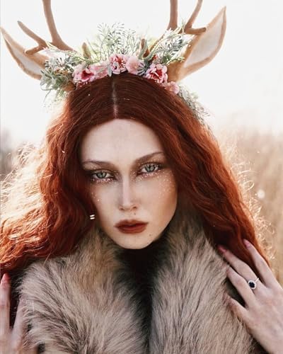 MOSTORY Handmade Antler Headband Brown - Adjustable Reindeer Horns Crown with Ears Fairy Flower Woodland Headpiece for Renaissance Christmas Cosplay Prom Fae Ball Costume Photo Prop