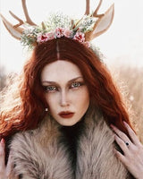 MOSTORY Handmade Antler Headband Brown - Adjustable Reindeer Horns Crown with Ears Fairy Flower Woodland Headpiece for Renaissance Christmas Cosplay Prom Fae Ball Costume Photo Prop