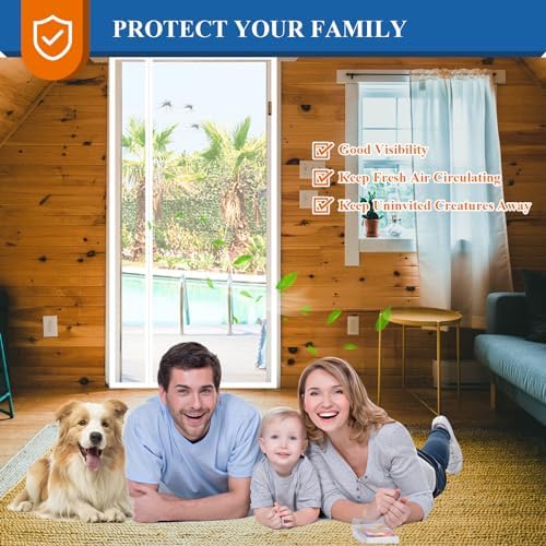MAGZO Magnetic Screen Door White 32'' x 80'', Reversible Left Right Side Opening, Upgraded Polyester Scratch-Proof, Mesh Net for Sliding Glass/Single/Patio/French Doors with Adhesive-Hook&Loop to Hang