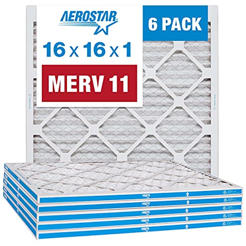 Aerostar 16x16x1 MERV 11 - 6 Count - Pleated HVAC, Furnace & Air Conditioner Filters - Removes Dust, Cold & Flu Germs, Lint, Mold, Pet Dander, Allergy-Causing Pollen, Smog & Smoke