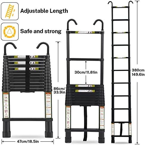 Telescopic Ladder, 12.5FT RIKADE Aluminum Telescoping Ladder with Non-Slip Feet and Stable Hook, Portable Extension Ladder for Household and Outdoor Working, 330lb Capacity Black