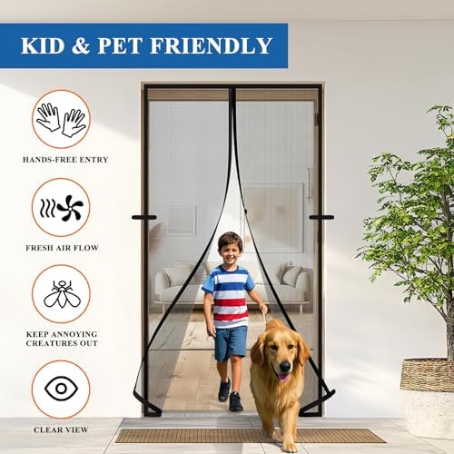 MAGZO Magnetic Screen Door Mesh, Fits Door Size 36'' x 80''(Curtain Size 38'' x 81''), Polyester Material Scratch-Proof, Cat Friendly, Keep Annoying Creatures Out, Easy Install, Strong Magnets, Black