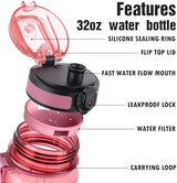 OLDLEY Water Bottle, 32oz Motivational Sports Water Bottle with Time Marker - Times to Drink - Tritan, BPA Free, Wide Mouth Leakproof,Clear Red