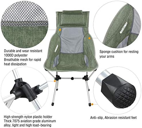 MARCHWAY Lightweight Folding High Back Camping Chair with Headrest, Portable Compact for Outdoor Camp, Travel, Picnic, Festival, Hiking, Backpacking (Highback Green)
