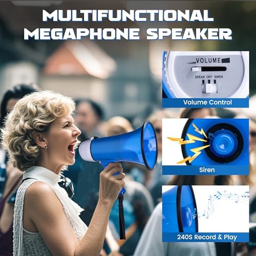 MyMealivos Portable Megaphone Bullhorn 20 Watt Power Megaphone Speaker Voice and Siren/Alarm Modes with Volume Control and Strap (White&Blue)