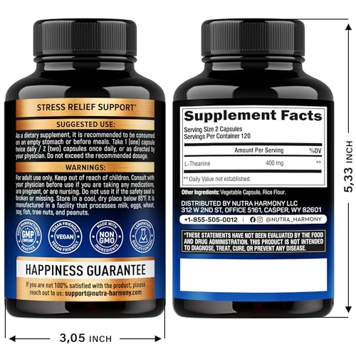 L Theanine 400 mg | L-Theanine Stress Relief | Extra Strength Supplement | Made in USA | Relaxation, Sleep & Calm Support | for Men & Women | Plant Based, Non-GMO & Gluten-Free | 240 Vegan Capsules