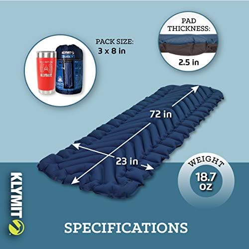 KLYMIT STATIC V Sleeping Pad, Lightweight, Outdoor Sleep Comfort, Best Camping Gear for Backpacking and Hiking, Inflatable Camping Mattress