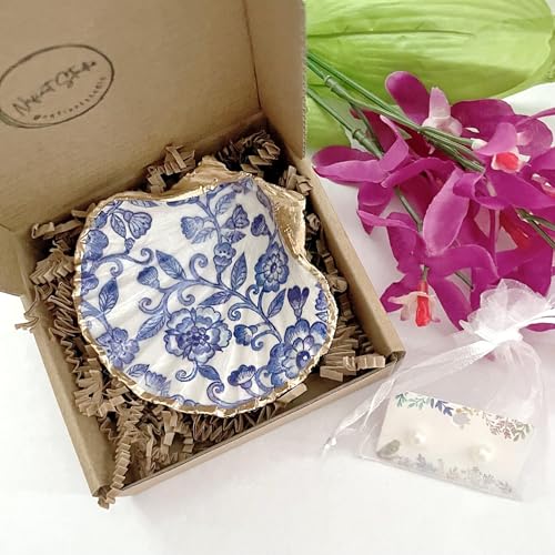 Blue Floral Lace Trinket with Pearl Earrings, Chinoiserie Home Decor Jewelry Ring Dish Gifts for Women Mom Mother Wife Bride Birthday Wedding Engagement Christmas Stocking Stuffers Room Decor Gift Box