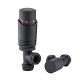 Sandy Beach Radiator Valves Thermostatic Angled Straight with Lockshield - Black 15mm