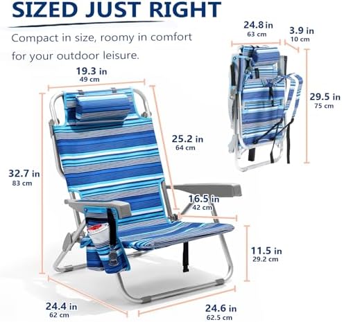 5-Position Aluminum Lay Flat Tall Backpack Beach Chairs 2 Pack, Compact Portable Beach Chairs for Adults with Cooler Pouch, Storage Pouch, Towel Bar, Cup Holder & Phone Holder, Blue Stripe
