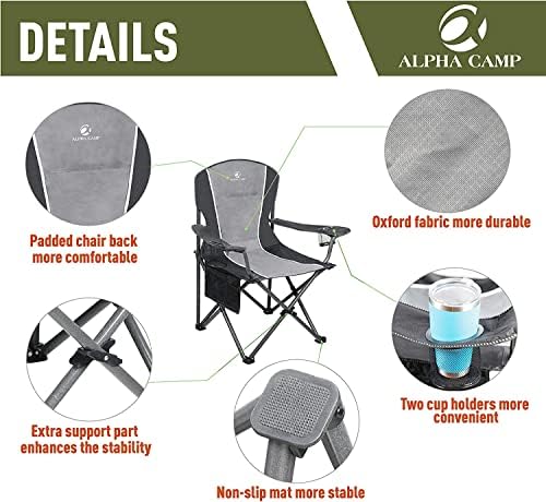 ALPHA CAMP Oversized Camping Folding Chair - Heavy Duty Steel Frame Support 350 LBS, Collapsible Padded Arm With Cup Holder, Quad Lumbar Back, Portable for Outdoor/Indoor