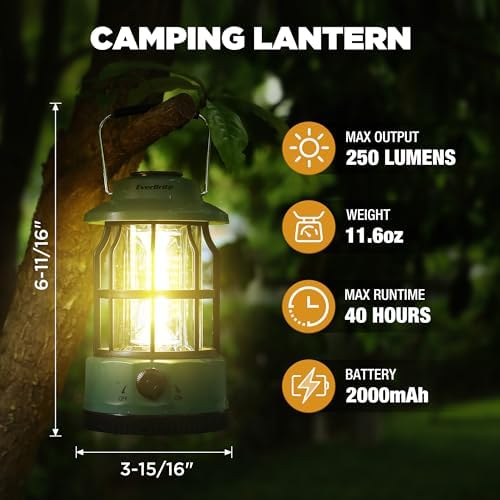 EverBrite LED Camping Lantern, USB C Rechargeable Lantern with Stepless Dimming, Vintage Portable Camping Lights & Lanterns, Lanterns for Power Outages, Hurricane, Emergency, Fishing, Home and More