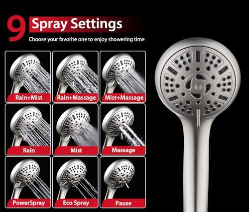 GRICH 2.5GPM Shower Heads with Handheld Spray Combo: 2 in 1 Rain Shower Head with Handheld Spray,Detachable High Pressure Shower Heads, 9 Spray Modes Adjustable Showerhead with 60 Inch Hose, Nickel