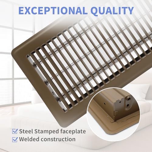 6x12 Inch Floor Register - Heavy Duty Steel Walkable Floor Vents - Easy Adjust Air Supply Lever - Vent Covers for Home (Brown)