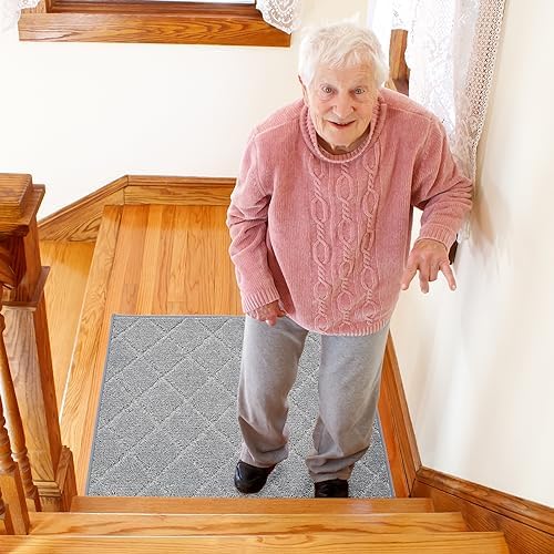 COSY HOMEER Edging Stair Treads Non-Slip Corner Indoor Stair Runners for Wooden Steps,Landing Slip Resistant Stair Rugs for Kids and Dogs, 100% Polyester TPE Backing,Grey,20"X32"