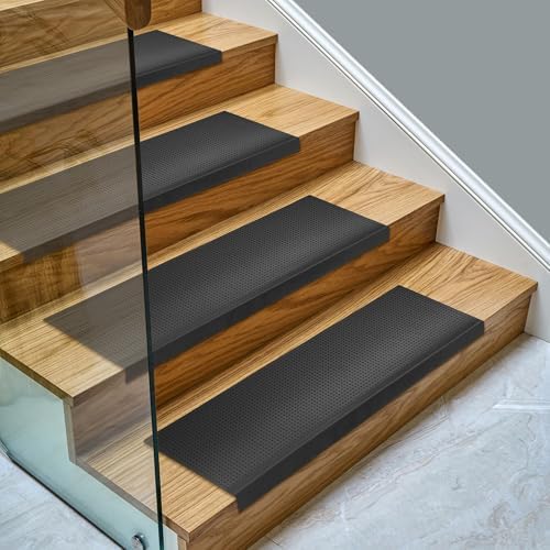 Indoor/Outdoor Hose-Wash Fingertip Nibs Design Non-Slip Rubber 10" x 30" Modern Stair Treads for Stairs, Garage, Patio, 5 Pack, Black Nib