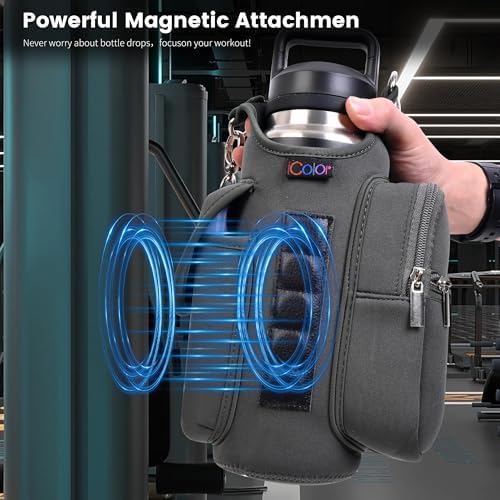icolor Magnetic Gym Bag Water Bottle Carrier Holder with Phone Pockets & Shoulder Strap,5 Built-in Magnets Gym Bottle Pouch Sleeve,Magnetic Bag Gym Accessories Organizer for Men Women