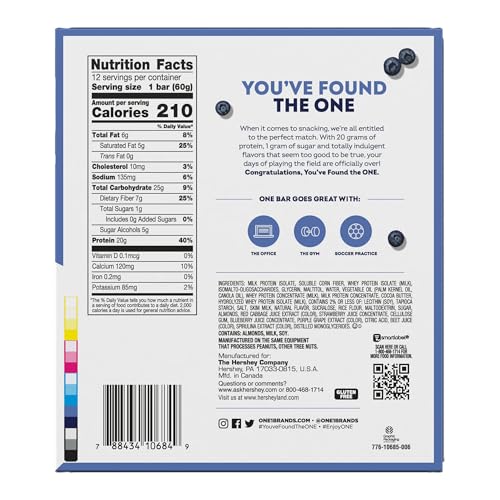 ONE Protein Bars, Blueberry Cobbler, Gluten Free with 20g Protein and 1g Sugar, Pantry Staples, 2.12 oz (12 Count)