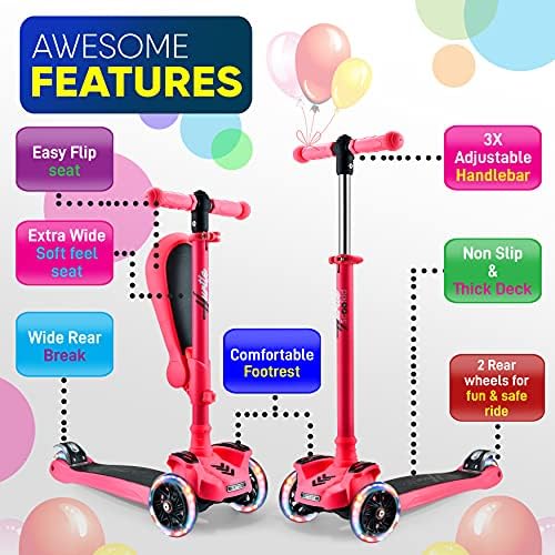 Hurtle 3-Wheeled Scooter for Kids - Wheel LED Lights, Adjustable Lean-to-Steer Handlebar, and Foldable Seat - Sit or Stand Ride with Brake for Boys and Girls Ages 1-14 Years Old
