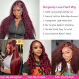 Burgundy Lace Front Wigs for Black Women 24 Inch 99J Deep Wave Wigs 13x4 Transparent Lace Frontal Wigs Glueless Wet and Wavy Red Colored Curly 100% Human Hair Wig Pre Plucked Brazilian Virgin Hair
