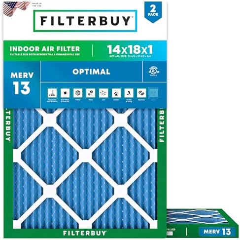 Filterbuy 14x18x1 Air Filter MERV 13 Optimal Defense (2-Pack), Pleated HVAC AC Furnace Air Filters Replacement (Actual Size: 13.50 x 17.50 x 0.75 Inches)
