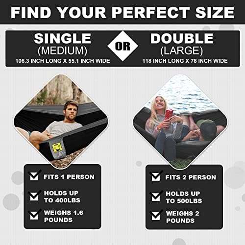 SZHLUX Camping Hammock Double & Single Portable Hammocks with 2 Tree Straps, Great for Hiking,Backpacking,Hunting,Outdoor,Beach,Camping,Black / Grey