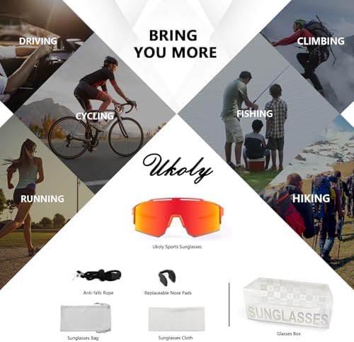 Ukoly Cycling Sunglasses for Men Women with 3 Interchangeable Lenses, Polarized Sports Sunglasses, Baseball Sunglasses