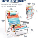 5-Position Aluminum Lay Flat Backpack Beach Chair, Compact Portable Low Beach Chairs for Adults with Cooler Pouch, Storage Pouch, Towel Bar, Cup Holder & Phone Holder, Multicolor Stripe