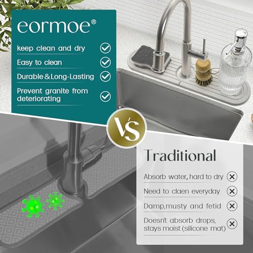 eormoe Diatomite Sink Splash Guard - DryingNeat Kitchen Faucet Mat, Instant Dry Water Absorbing Stone Tray for Sink, Durable Protector for Kitchen Bathroom Counter [Light Grey, 17.7" x 3.9"]