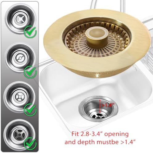 3 in 1 Kitchen Sink Stopper, Pop Up Kitchen Sink Drain Strainer, with an Extra Basket Strainer, Kitchen Sink Drain Stopper for US Standard 3-1/2 Inch, Brass Material Electroplate Gold