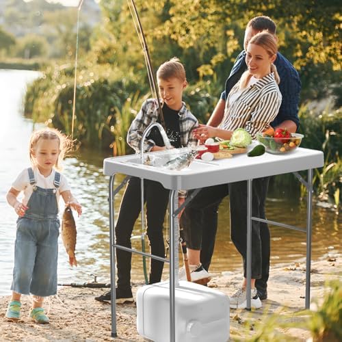 42.5" Fish Cleaning Table with Sink, Folding Camping Table & Fish Cleaning Station with Measure Mark, Camping Sink with Hose Hookup for Outdoor Picnic, Beach, Dock & Patio Use