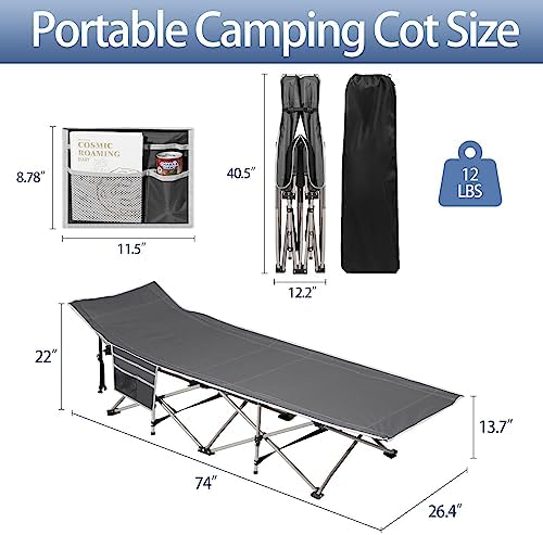 HAITRAL Portable Camping Cot with Mattress - Outdoor Folding Heavy Duty Sleeping Bed with Side Pocket for Adults - Oxford Single Lounge Chaise for Camping Tent Beach Office Max Load 300 LBS (Grey)