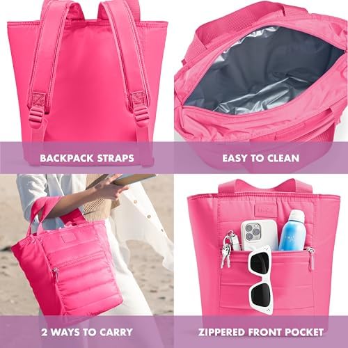 Fit & Fresh Insulated Cooler Bag, Leak Proof Waterproof Beach Cooler Backpack for Women, 18 Can Soft Insulated Cooler Tote Bag for Travel, Lunch Bag for Women, Beach Bag & Travel Bag, Hot Pink