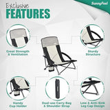 SUNNYFEEL Folding Low Camping Beach Chair 2 Pack, Lightweight Portable Lawn Chair with Mesh Back, Cup Holder for Outdoor/Travel/Picnic/Concert, Foldable Camp Backpack Chair with Carry Bag