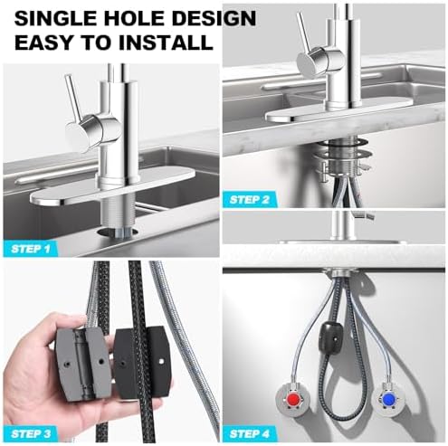 Single Hole Kitchen Faucets with Pull Down Sprayer in Chrome, Single Handle, High Flow Water, Pull Out Tap, Stainless Steel Sink Faucet, Suitable for Farmhouse Camper Laundry Rv Bar