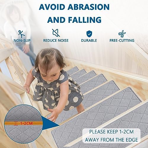 Stair Treads for Wooden Steps Indoor, KOOTETA 15 Pack 8" X 30" Non Slip Carpet Stair Treads with Reusable Adhesive for Kids Elders and Dogs, Surface Polyester TPR Backing Stair Rugs, Grey