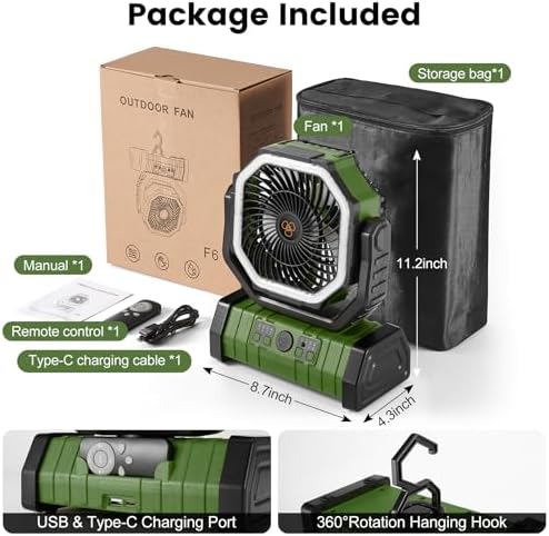 Odoland 30000mAh Camping Fan with LED Lantern, Rechargeable Battery Operated Oscillating with Remote Hook Stroage Bag, Portable Tent Fan with Timer, 4 Speeds for Outdoor RV Jobsite Power Outage, Green