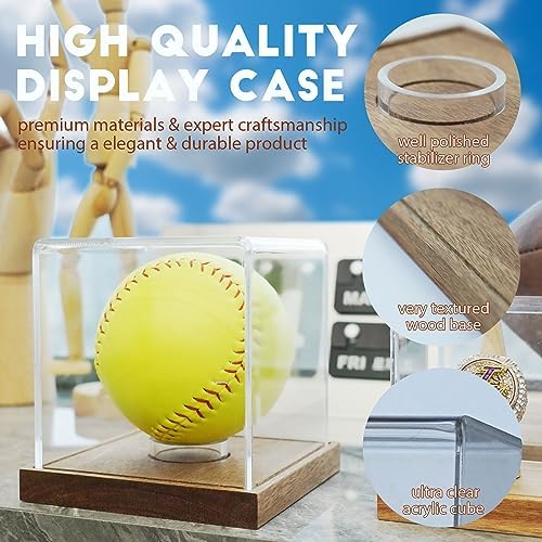 JupDec Softball Display Case Clear Acrylic Ball Holder, UV Protected Cube with Wood Base Stand, Championship Sports Collections Box Showcase