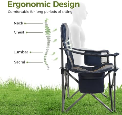 ALPHA CAMP Oversized Camping Folding Chair Heavy Duty with Cooler Bag Support 450 LBS Steel Frame Collapsible Padded Arm Quad Lumbar Back Chair Portable for Lawn Outdoor,Blue