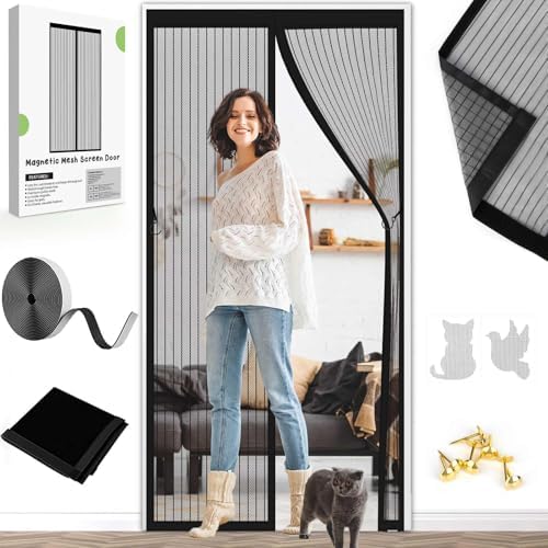 Magnetic Screen Door Closure Fit Door Size 34 x 82 Inch, BSHANO Mesh Door Curtain Screen Size 36" x 83" - 36 Stronger Magnets,Heavy Duty,Hands Free Mesh Partition Keeps Bugs Out- Pet and Kid Friendly